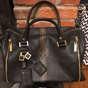 Tory Burch Roslyn Satchel Black Tan Stripe